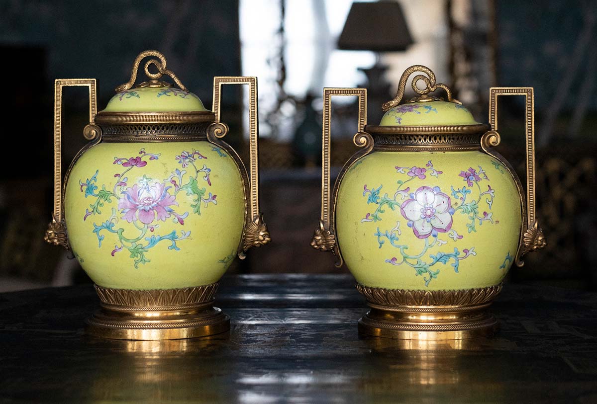 Pair of Chinese famille jaune baluster pot-pourri vases